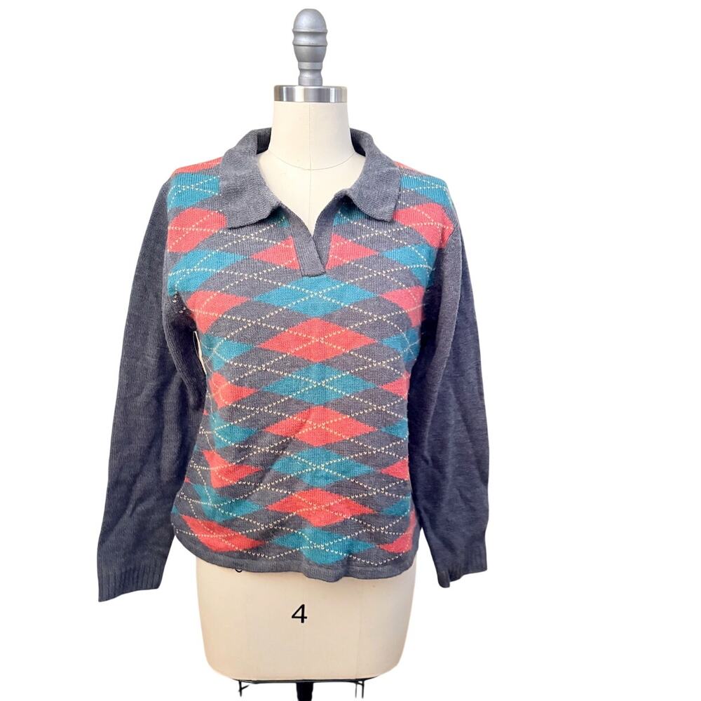 Vintage M2 Argyle Women's Sweater Polo Korea Geometric Knit Collared Size M